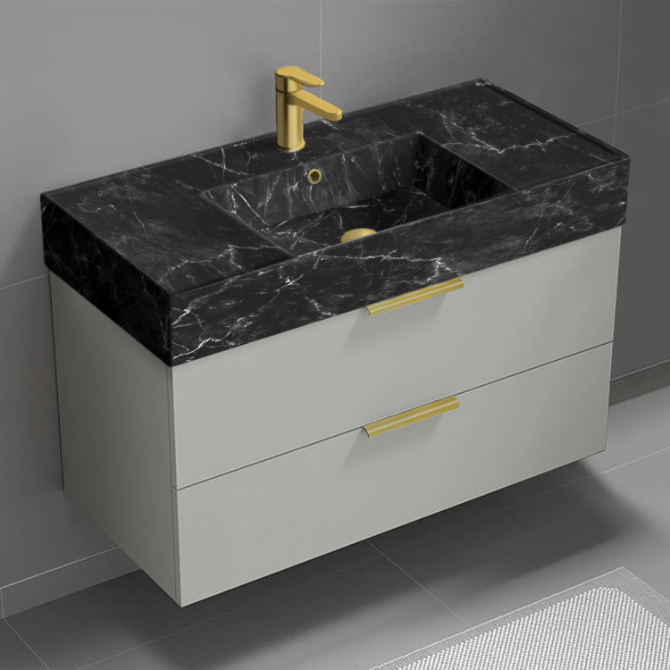 Bathroom Vanity Floating Bathroom Vanity, Modern, 40 Inch, Black Marble Style Sink, Gold Handles Nameeks DERIN909